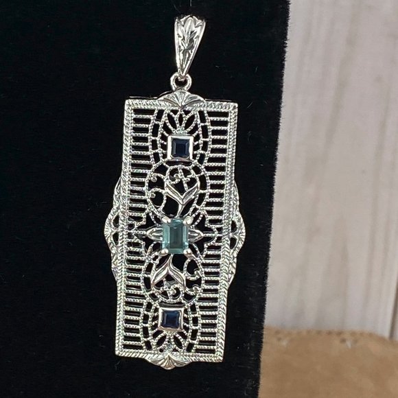 Dazzling 4x3MM Radiant Aquamarine & 2MM Blue Sapphire 925 Filigree Earrings - Picture 2 of 5